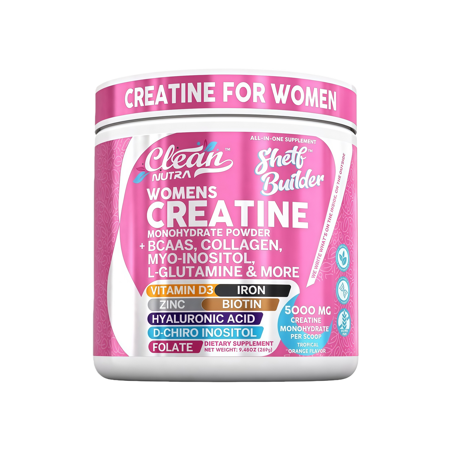 Creatine for Women | Creatine Monohydrate + BCAA Powder Myo-Inositol Collagen Biotin Hyaluronic Acid Folate L Glutamine Vitamin D3 Iron Zinc D-Chiro-Maca Digestion Shelf Builder by Clean Nutra